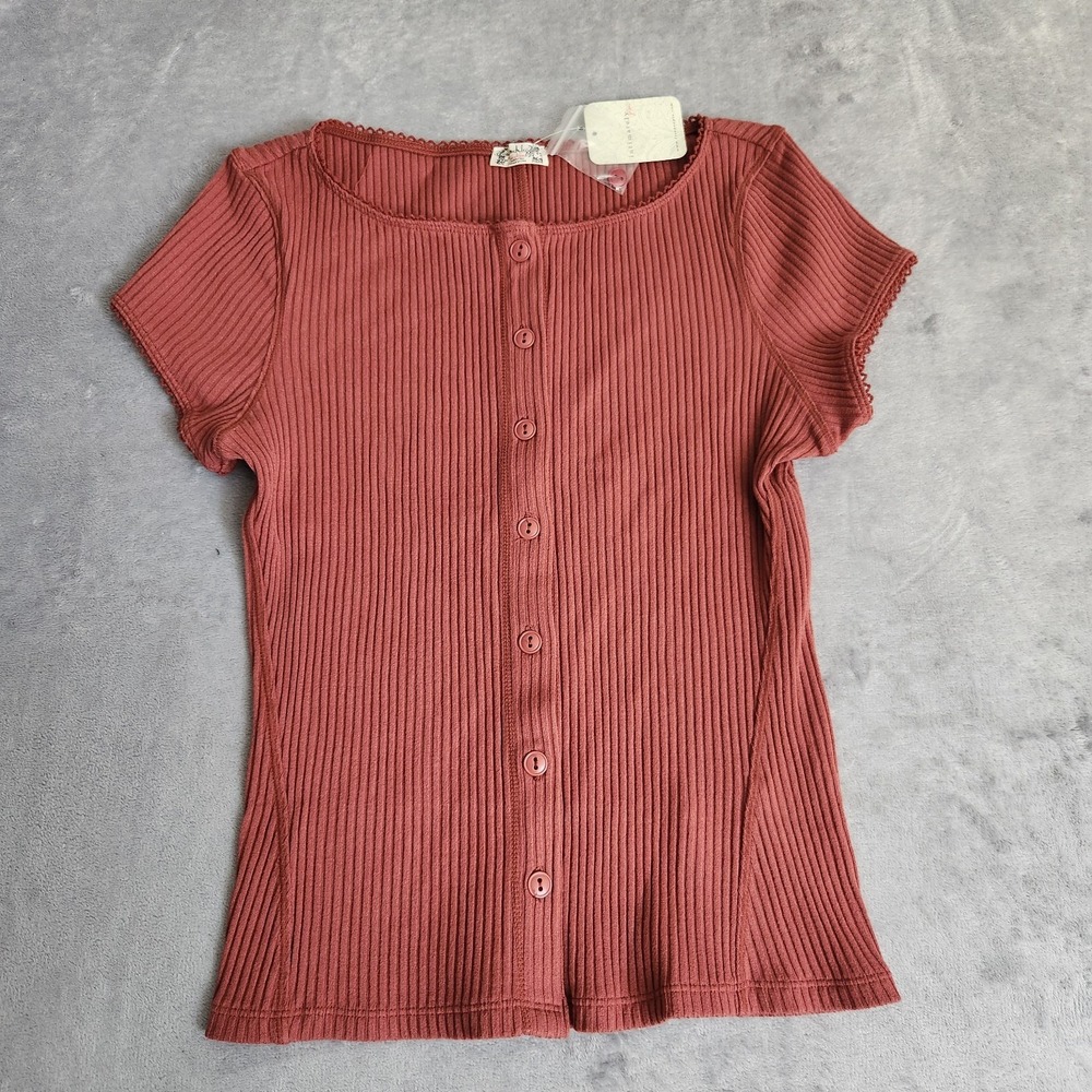 New Free People Intimately Ribbed Button-Front TopRust Terra Cotta S Small - Picture 2 of 9